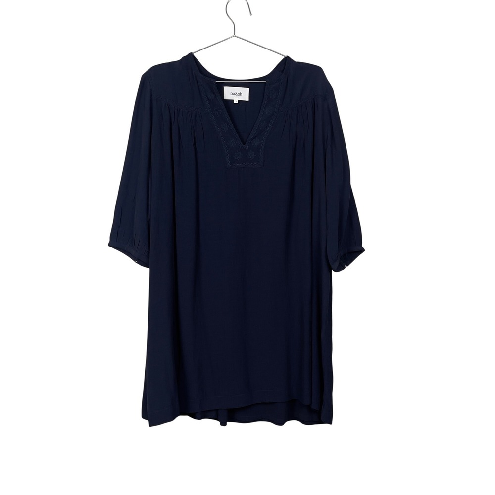 Ba&sh Lady Dress Embroidered V-Neck Mini‎ Navy Blue Relaxed Shift Viscose Size 2